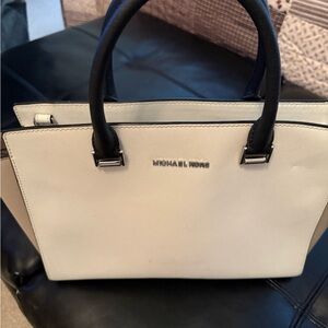 Michael Kors Cream and Tan Satchel with Black Handles